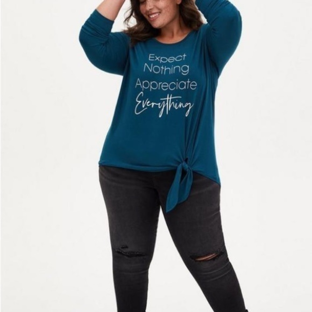Women’s torrid 2 Super Soft Appreciate Teal Tie-Front Long Sleeve Tee XXL 18 20